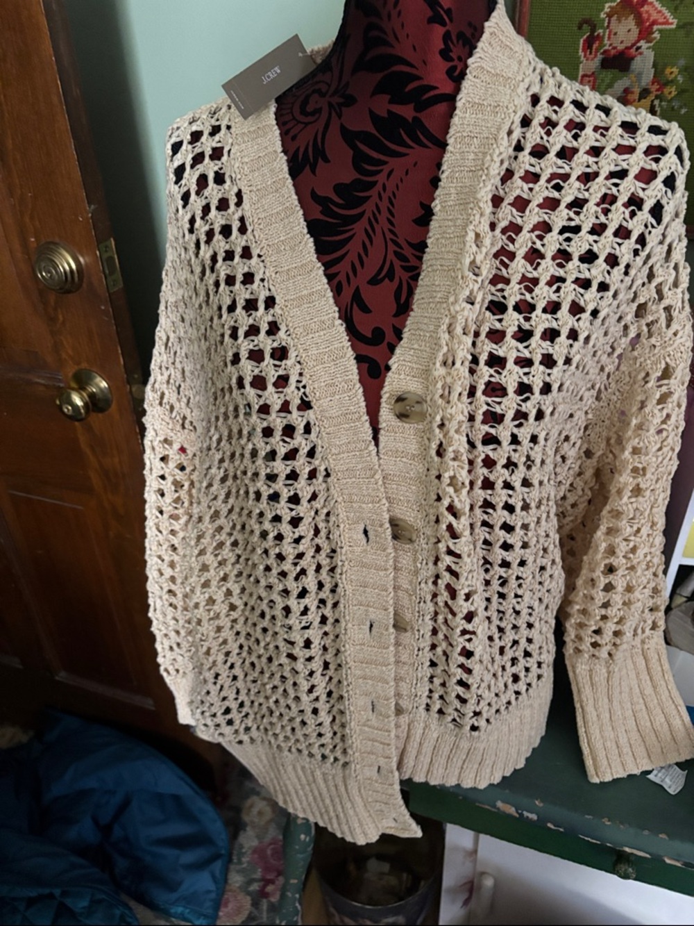 J. Crew Cream Open-Knit Button-Up Cardigan